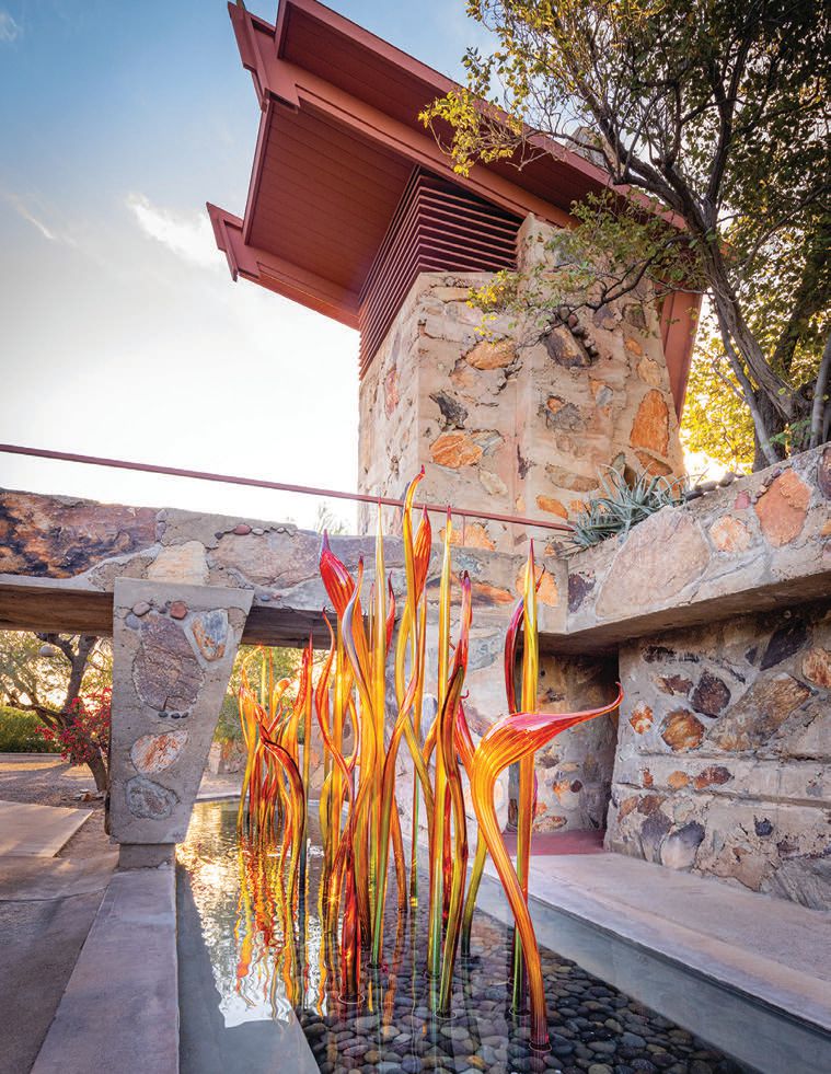 Dale Chihuly, “Fire Amber Herons” (2021) at Taliesin West PHOTO: BY NATHANIEL WILLSON/ ©2021 CHIHULY STUDIO/COURTESY OF TALIESIN WEST