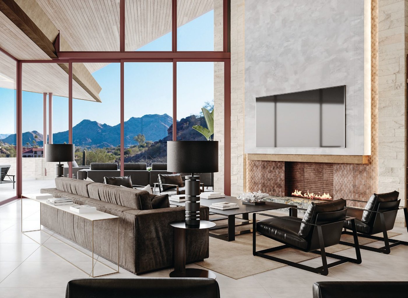 Mountain views serve as the backdrop of the Jade residence’s living room PHOTO COURTESY OF CROWN CANYON