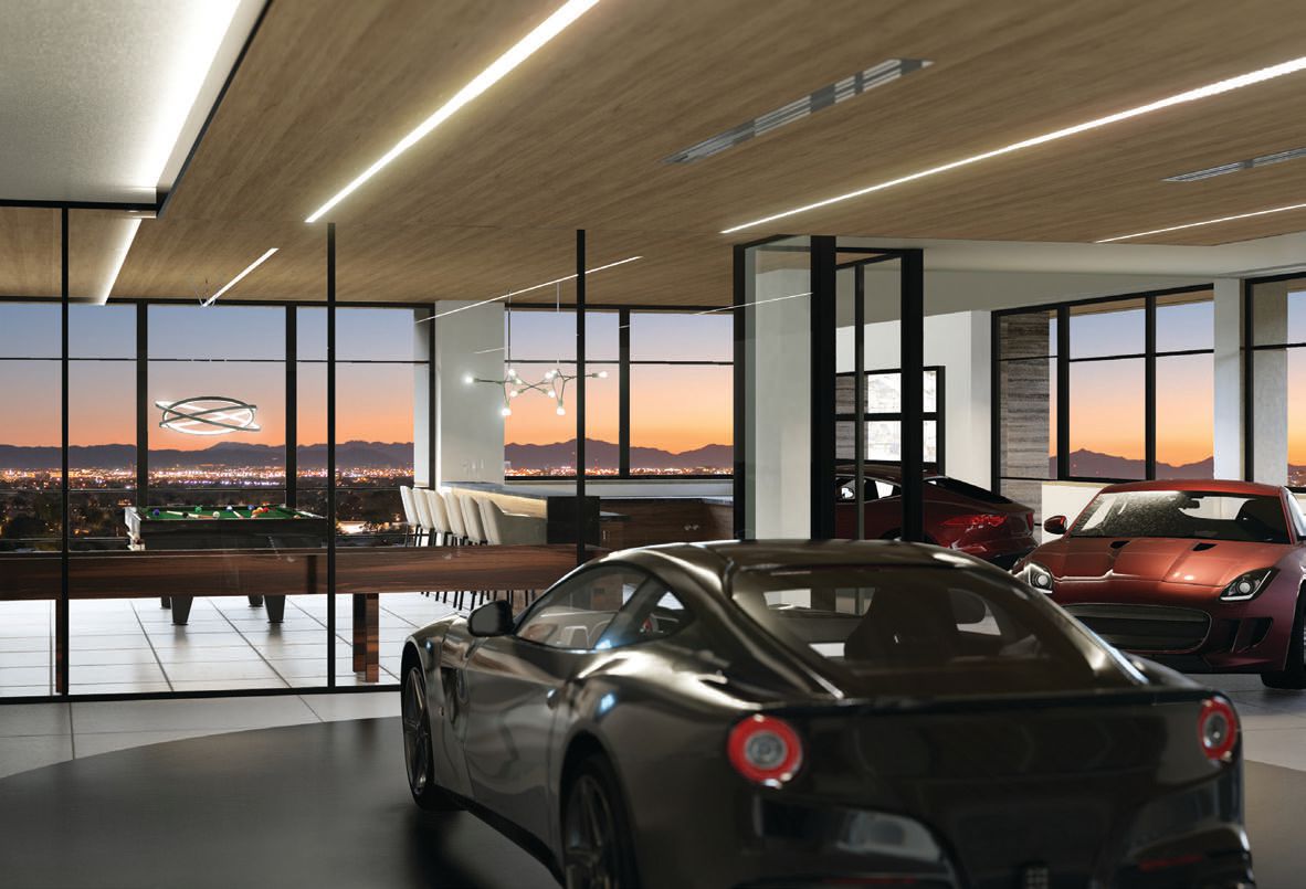 The car showroom is an example of how the main building elements—windows, flooring, ceiling—seamlessly integrate into the design of the rest of the home RENDERINGS COURTESY OF DREWETT WORKS