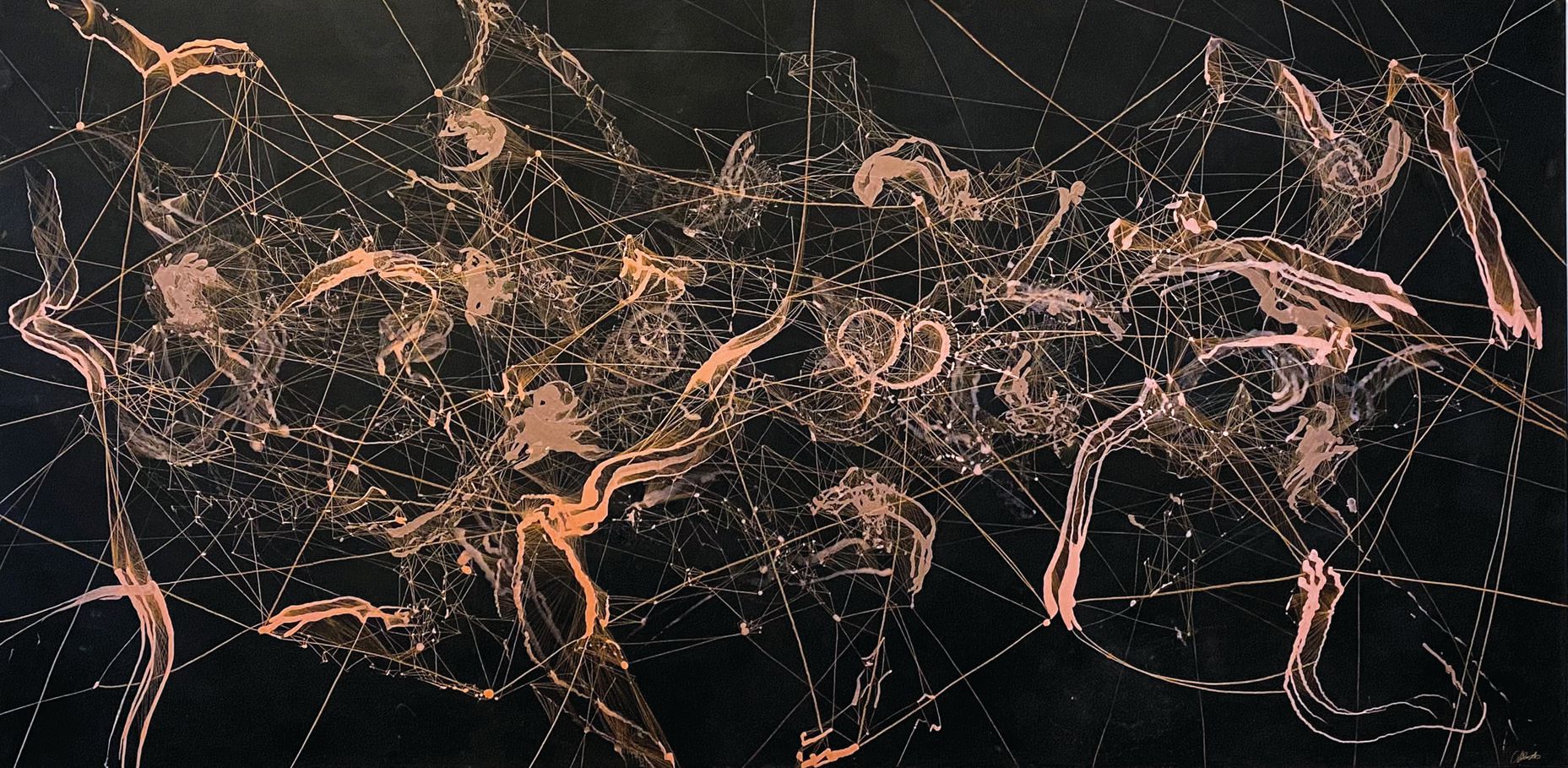 “Universal Algorithms,” part of the Mapping Oscillations series (2021, vibration painting and drawing on panel), 48 inches by 96 inches, in collaboration with sound artist Jimmy Peggie PHOTO COURTESY OF CHRISTINE CASSANO
