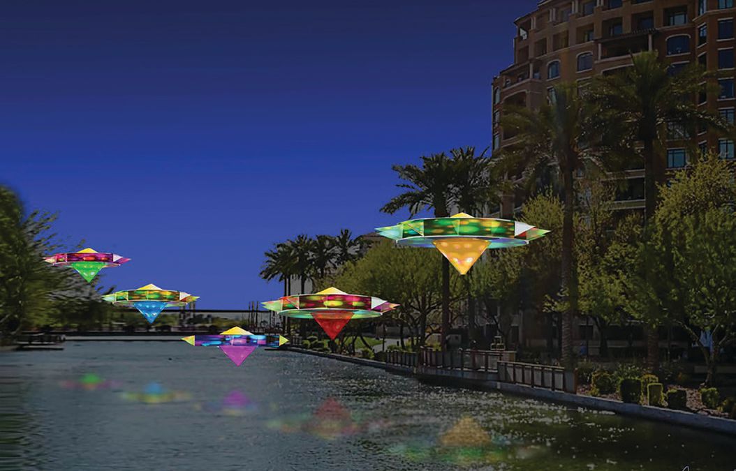 Suspended above the Arizona Canal, “SunDrops” by Jeff Zischke is an animated light show that references desert sunrises and sunsets RENDERING BY JEFF ZISCHKE