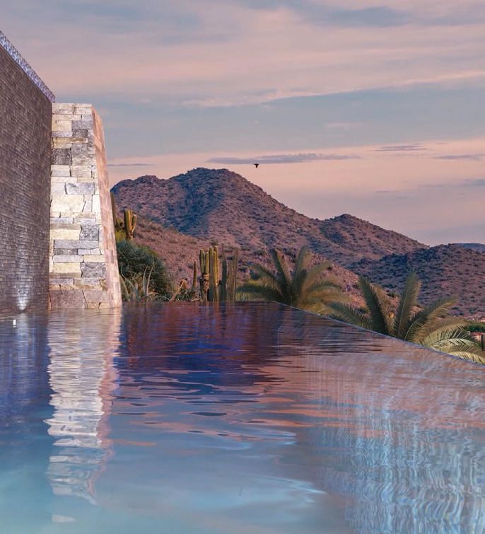 A lap pool is situated next to a stone water mill with a ledgestone column, above where a second pool resides. Th e peaceful mountainscape adds to the serene setting. RENDERINGS COURTESY OF DREWETT WORKS
