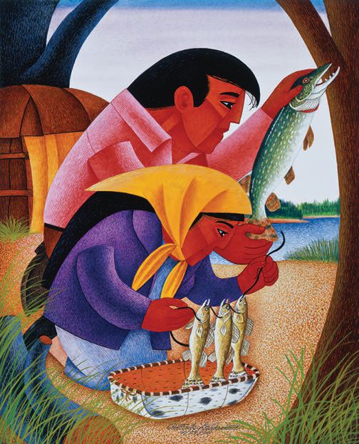 Patrick DesJarlait Ojibwa, “Chippewa Fishing Camp” (1970, watercolor on board), 14 inches by 11 ¼ inches BY MEGAN KAY PHOTOGRAPHY